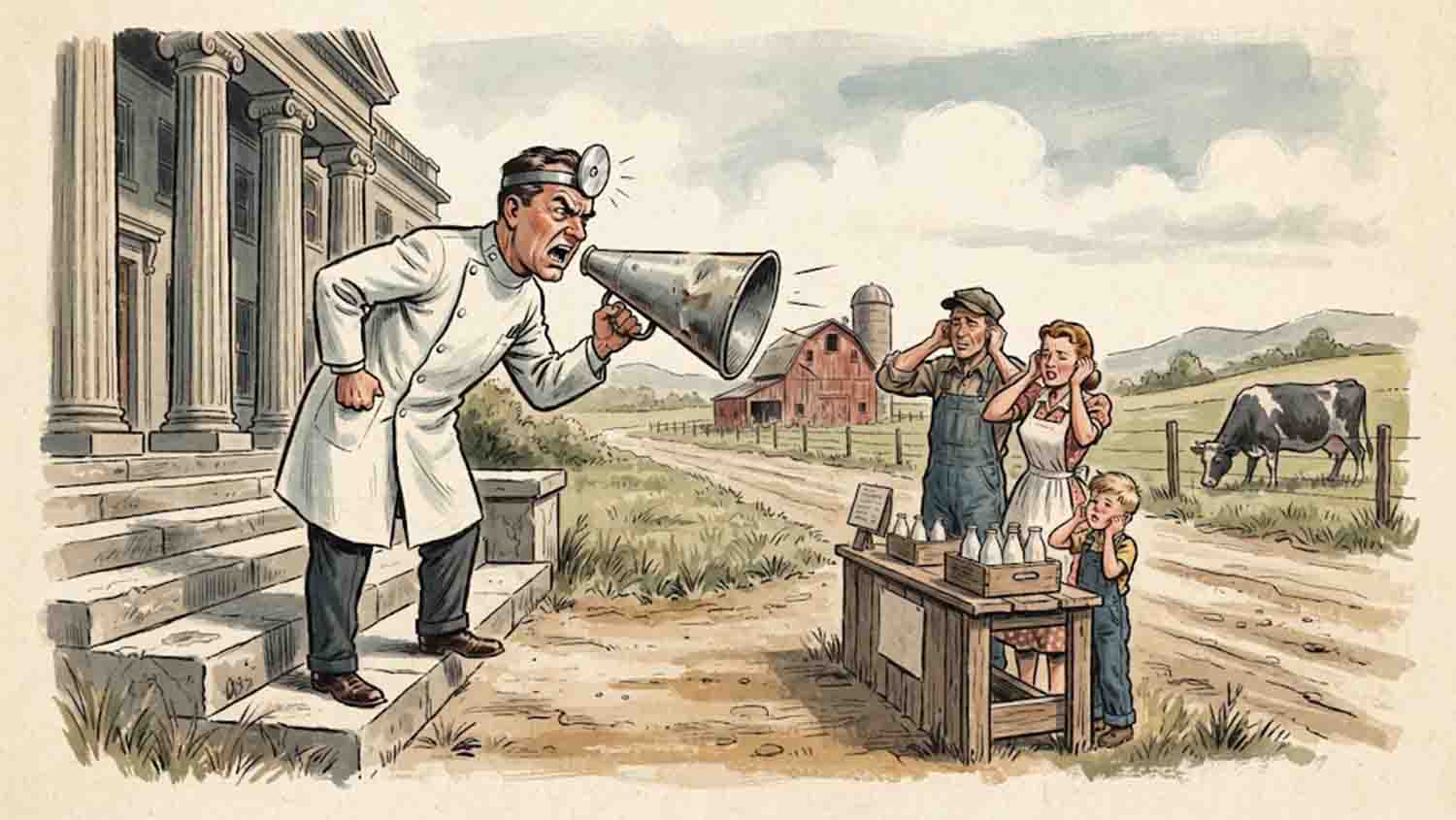 Vintage-style illustration of a doctor shouting through a megaphone from the steps of a columned building at a farm family covering their ears beside a roadside milk stand