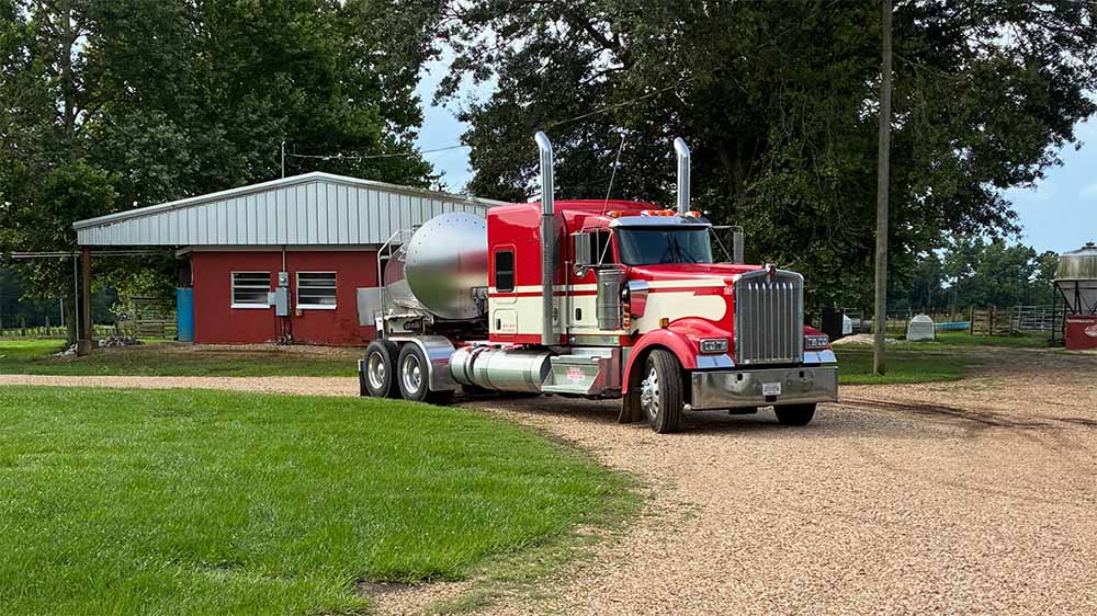 A bulk milk tanker truck on the property of Sinagra Family Dairy in Amite, Louisiana