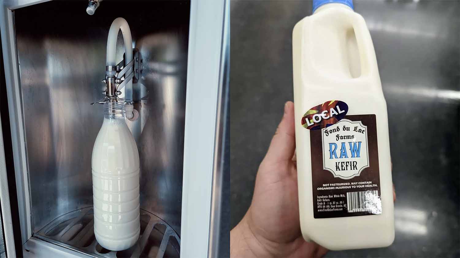 A European raw milk vending machine dispensing into a glass bottle on the left, and a sealed plastic jug of Fond du Lac Farms raw kefir from Arizona on the right, showing two different approaches to raw dairy distribution