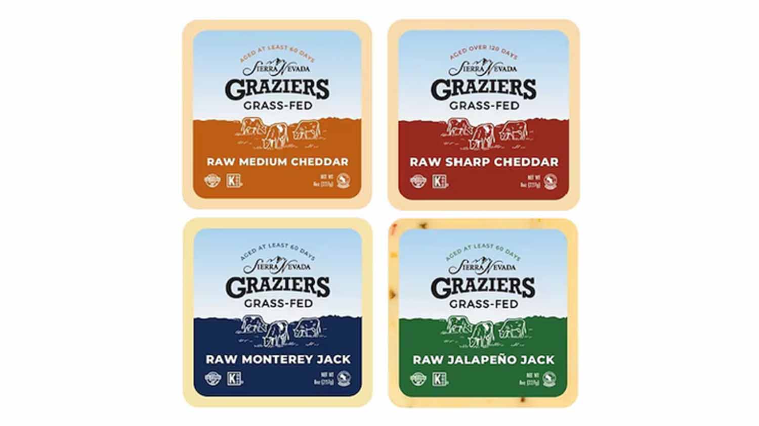 Packages of the four recalled Sierra Nevada Graziers Grass-Fed raw milk cheeses: raw medium cheddar, raw sharp cheddar, raw Monterey jack and raw jalapeño jack