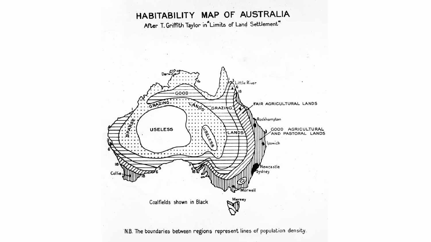 1946 habitability map of Australia by T. Griffith Taylor showing the central interior labeled "useless," surrounded by sparse grazing lands and fair to good agricultural land along the coast