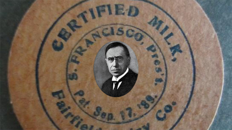 Portrait of Dr. Henry Leber Coit set within the Fairfield Dairy Certified Milk label, Stephen Francisco president, patented 1889