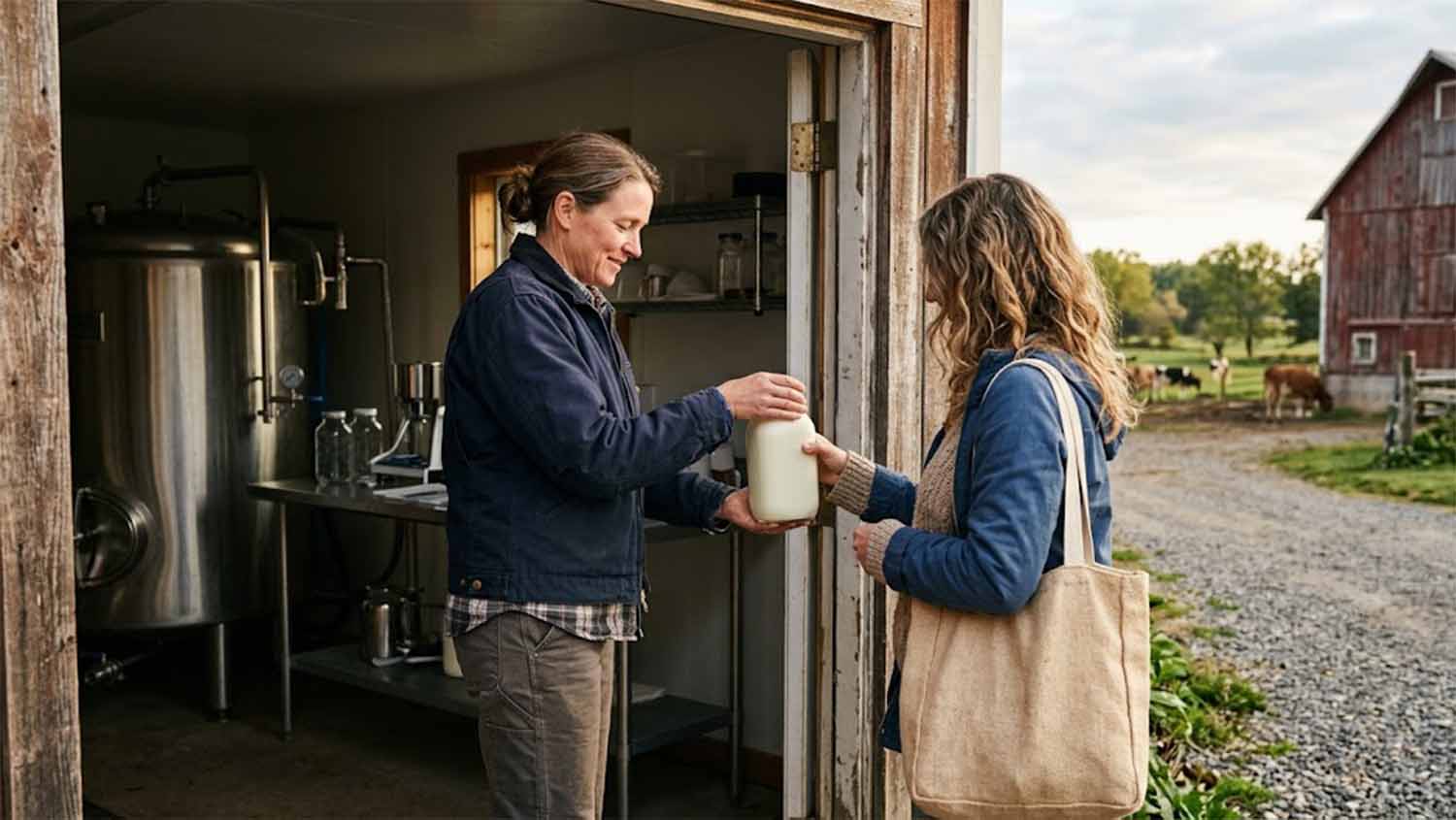 A dairy farmer hands a half-gallon jug of raw milk to a customer at the door of a farm milk room, with a stainless steel tank inside and cows grazing by a red barn outside