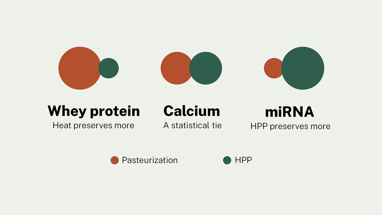 Illustration comparing heat pasteurization and high-pressure processing across three milk components: heat preserves whey protein better, calcium bioavailability is a statistical tie, and high-pressure processing preserves microRNA better.