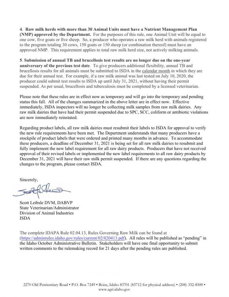 Idaho Department of Agriculture Raw Milk changes effective July 29th