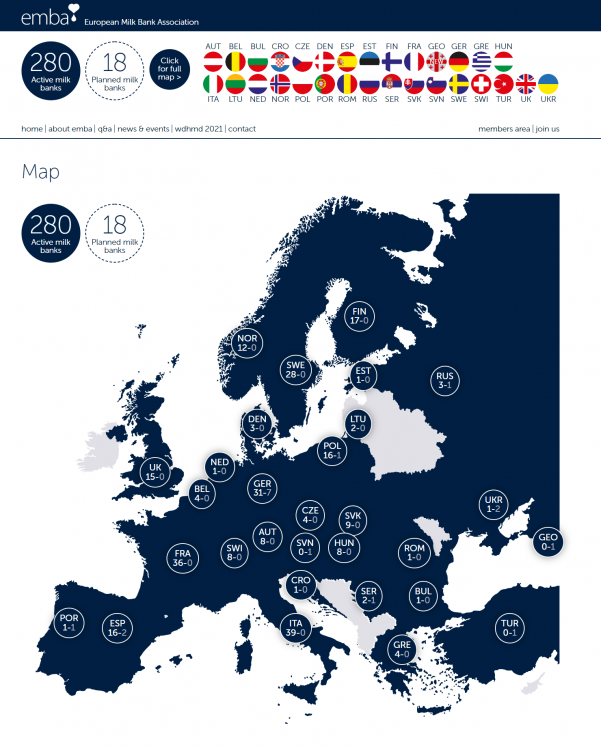 Map of breast milk banks in Europe