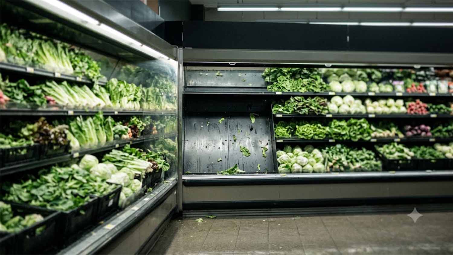 An empty gap on a grocery store produce shelf, stray lettuce leaves left behind, surrounded by fully stocked leafy greens, illustrating a recalled product pulled from sale.