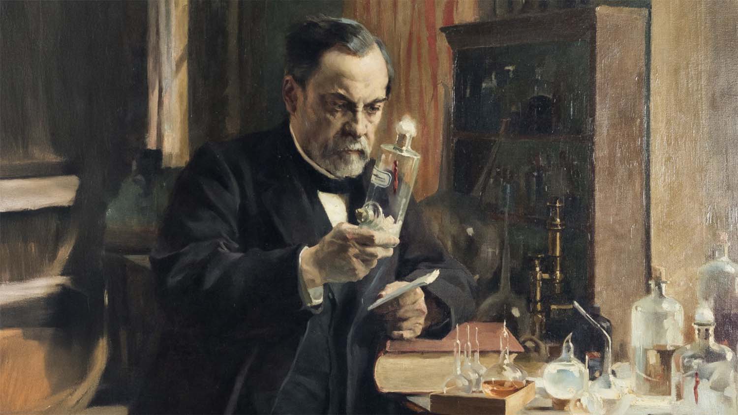 Louis Pasteur in his laboratory at the École Normale Supérieure, 1886. Painting by Albert Edelfelt. Pasteur is holding a vial containing a rabid rabbit's spinal cord, the material used to develop his rabies vaccine.