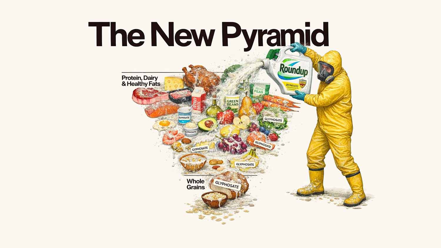 Illustration of a hazmat suit worker spraying Roundup glyphosate over the new MAHA food pyramid, with glyphosate labels across every food group