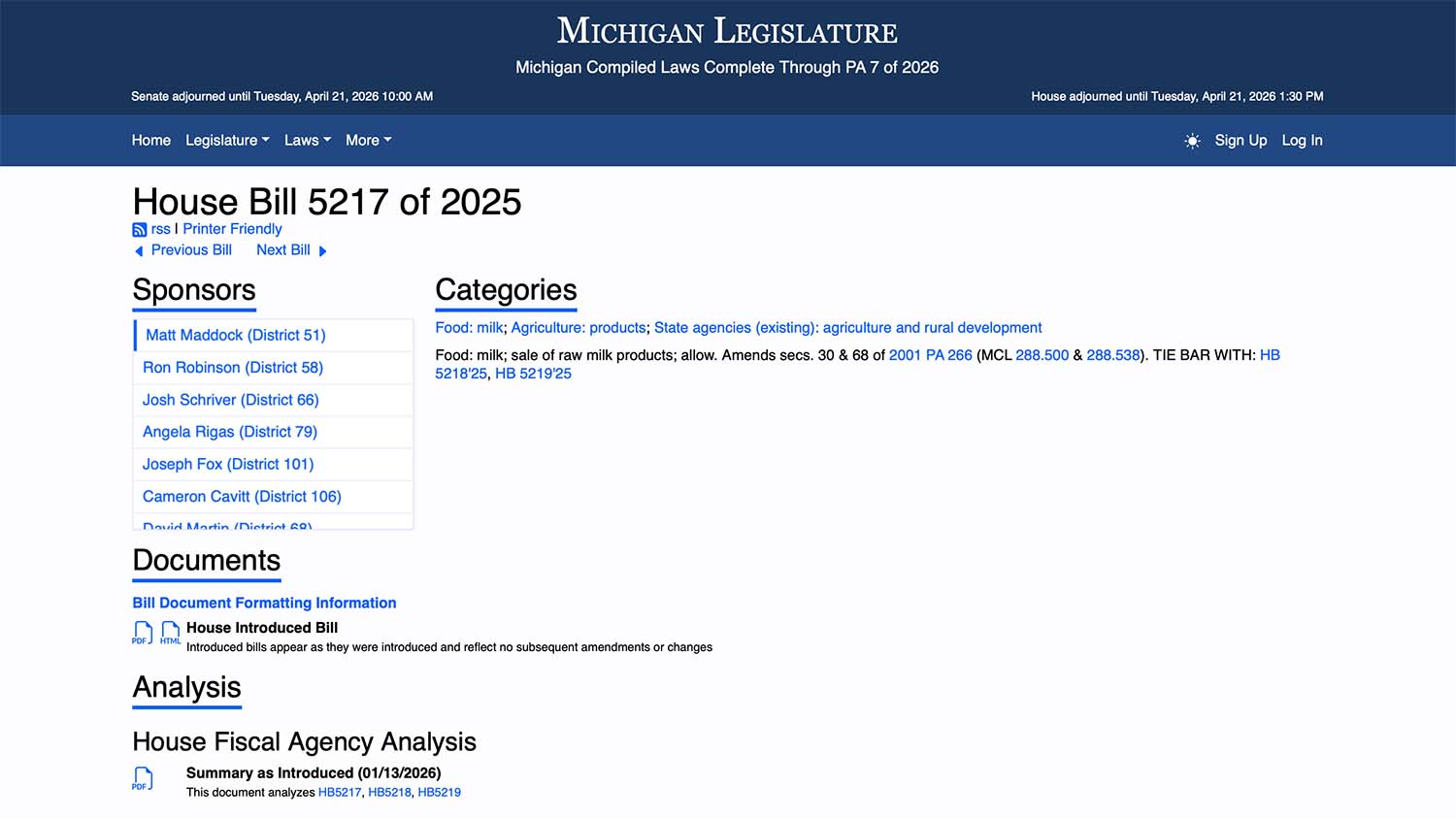 Michigan Raw Milk Bills HB 5217–5219 Advance Through House Committees