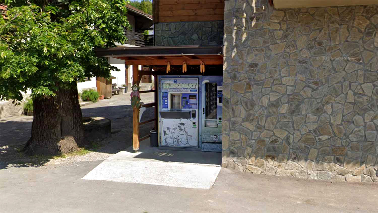 Mlekomat Dolnice raw milk vending machine in Ljubljana, Slovenia, installed under a wooden shelter beside a stone wall and chestnut tree