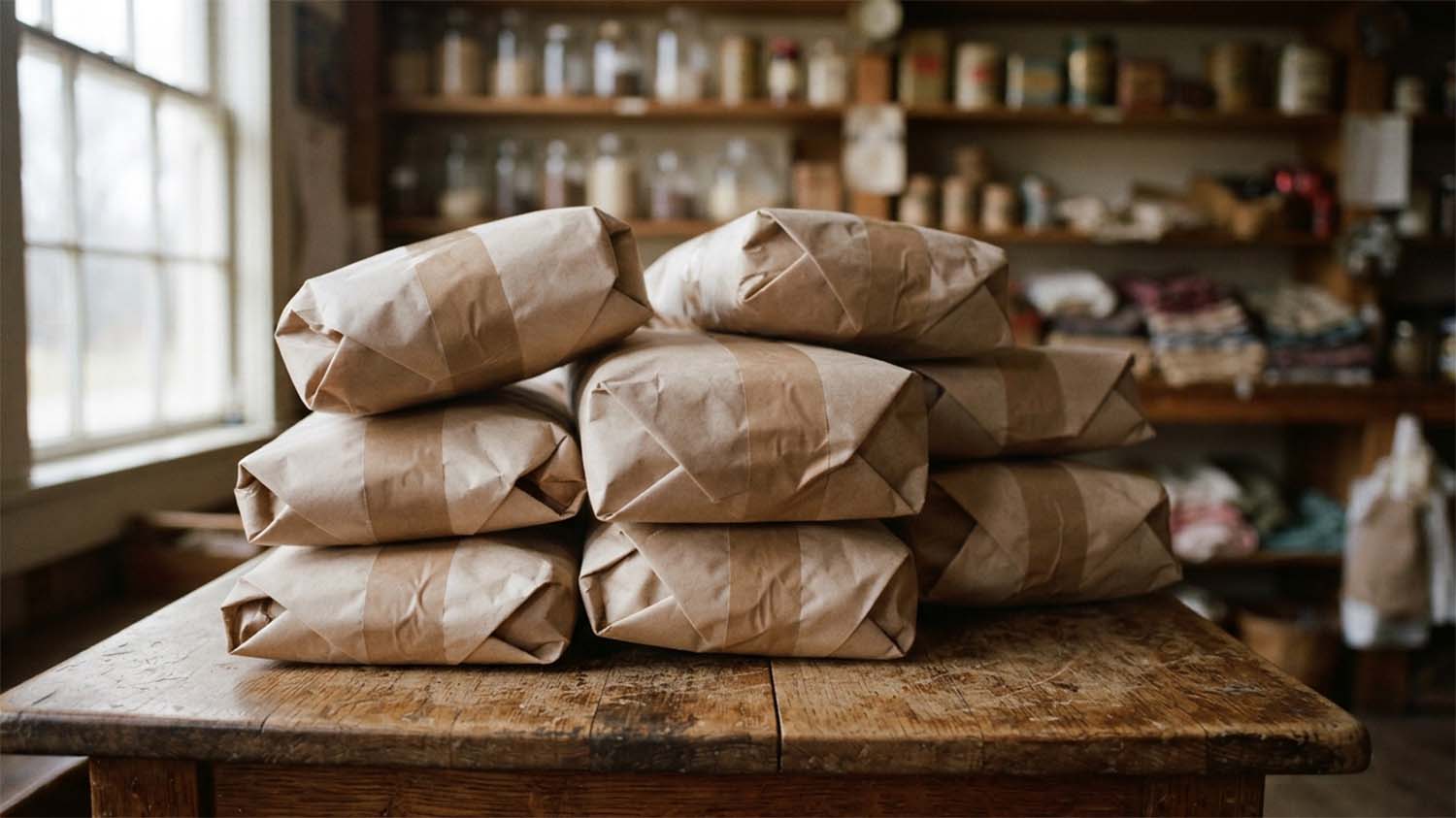 Paper-wrapped packages of beef stacked on a worn wooden table in a small general store