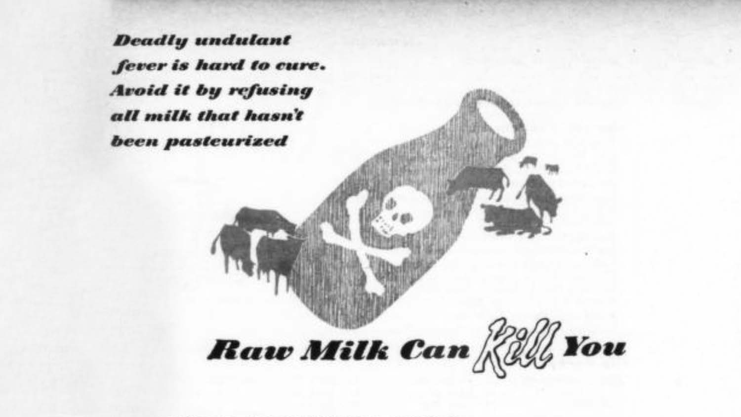 Skull-and-crossbones milk bottle illustration from the opening spread of "Raw Milk Can Kill You," published in Coronet magazine, May 1945