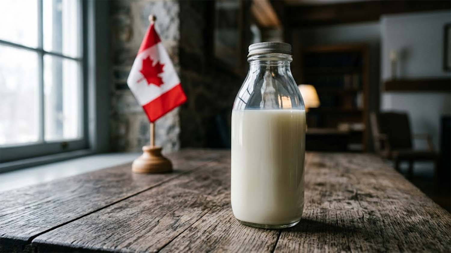 A bottle of raw milk on a wooden table with a small Canadian flag softly out of focus in the background.