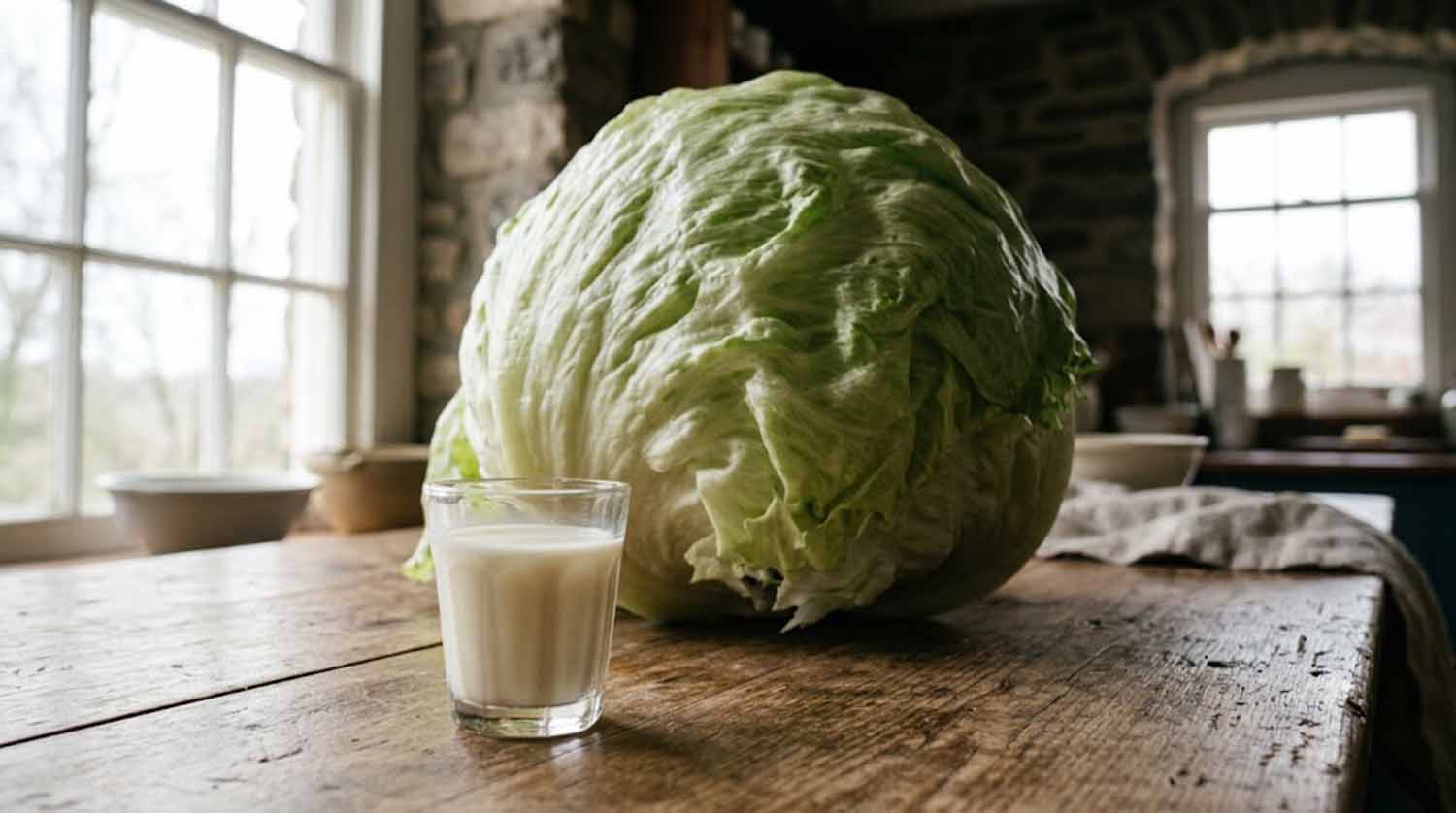A small glass of raw milk on a farmhouse table beside a head of iceberg lettuce grown to an exaggerated, oversized scale, illustrating how few people drink raw milk compared to how many eat lettuce.