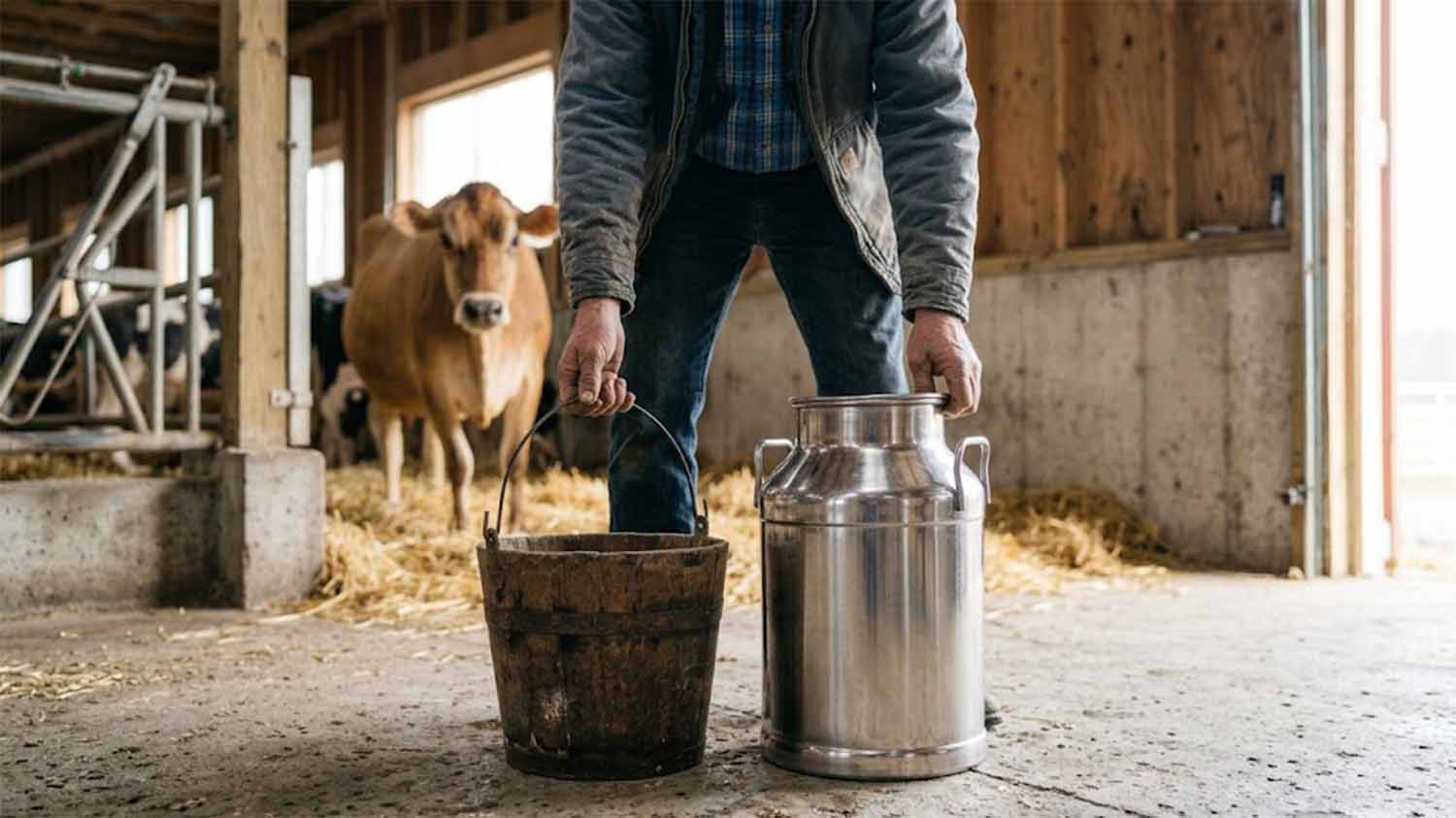 A farmer holding a worn wooden milk bucket and a stainless steel milk can in a modern dairy barn, with a Jersey cow behind