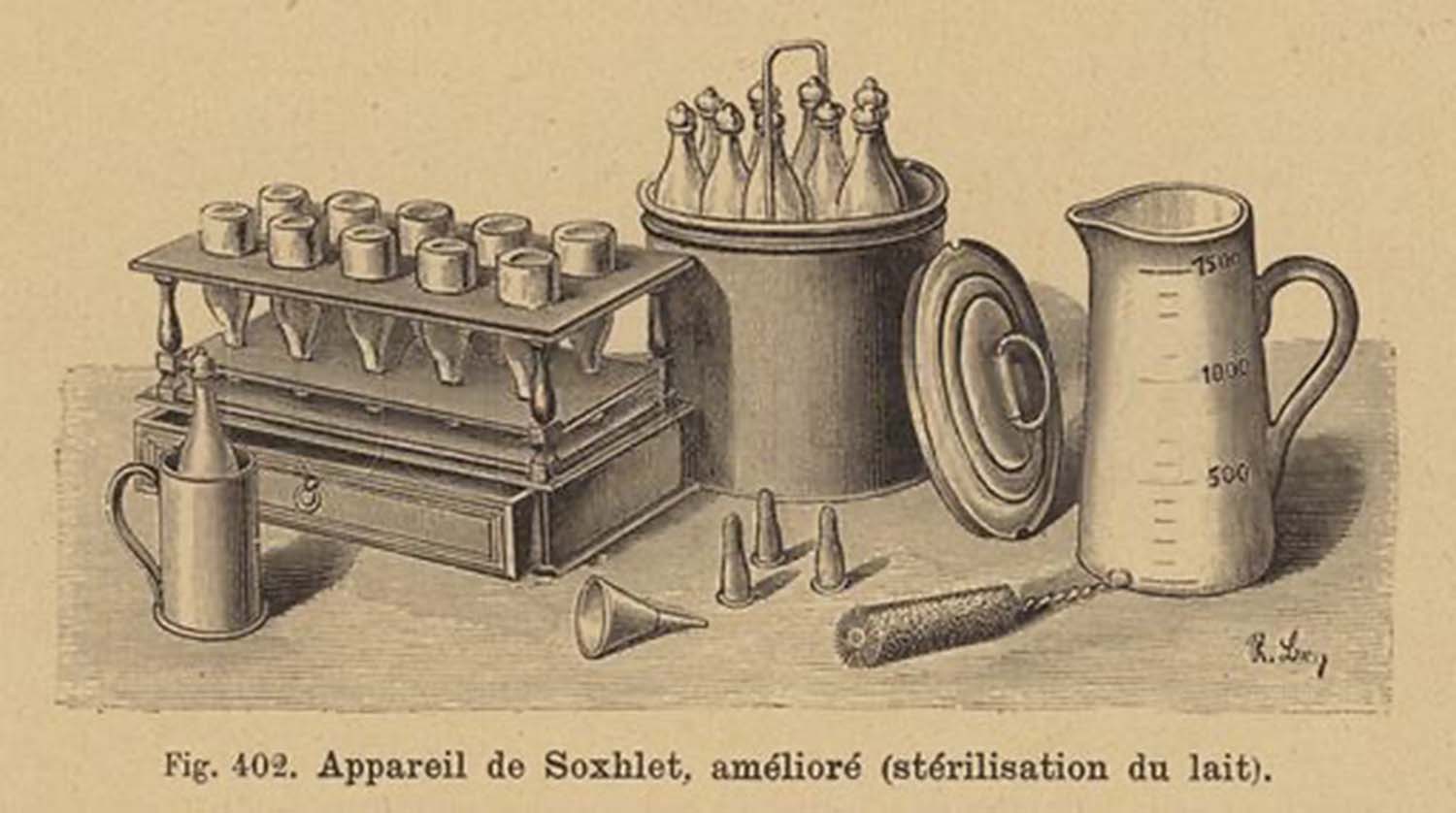 Fig. 402 — Soxhlet's improved milk sterilization apparatus (Appareil de Soxhlet, amélioré), showing the bottle rack, heating vessel, stoppers, and graduated pitcher used to pasteurize infant feeding bottles