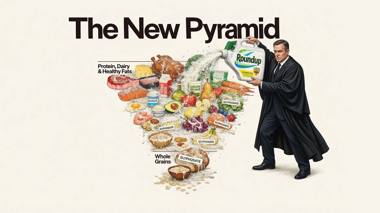 Illustration of a figure in judicial robes pouring Roundup glyphosate over a food pyramid labeled with glyphosate warnings across every food group