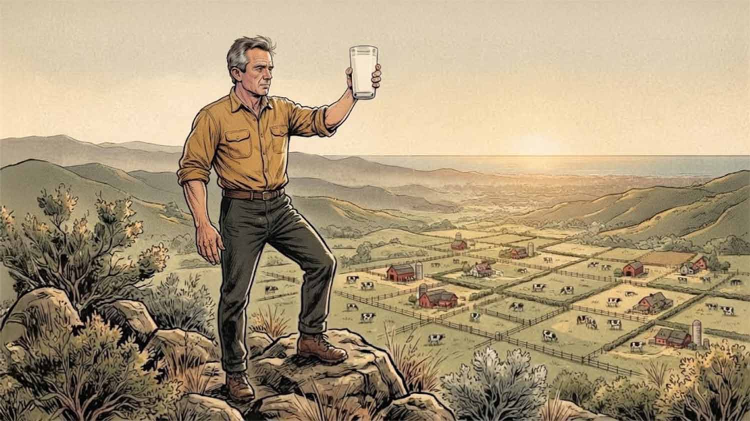 Illustration of RFK Jr. standing on a rocky mountain summit, raising a glass of milk above a valley divided into fenced farm parcels with red barns and dairy cows.