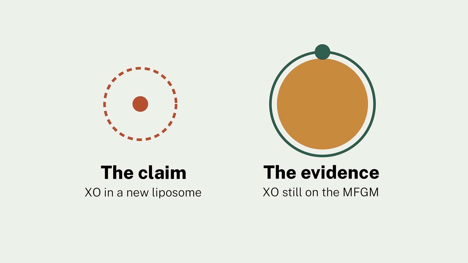 Illustration contrasting the claimed liposome packaging of xanthine oxidase with the evidence, showing the enzyme still bound to the milk fat globule membrane.